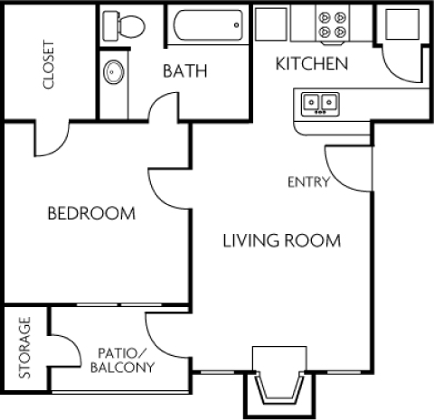 1 bed 1 bath floorplan at Trinity Apartments, Irving
